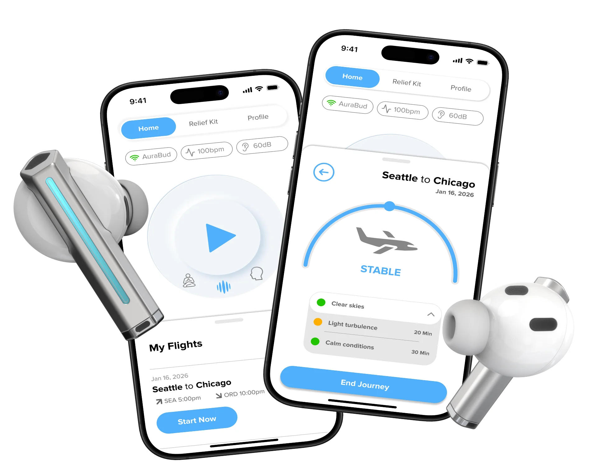 Aura app interface showing setup, trip context, support preferences, and at-a-glance status