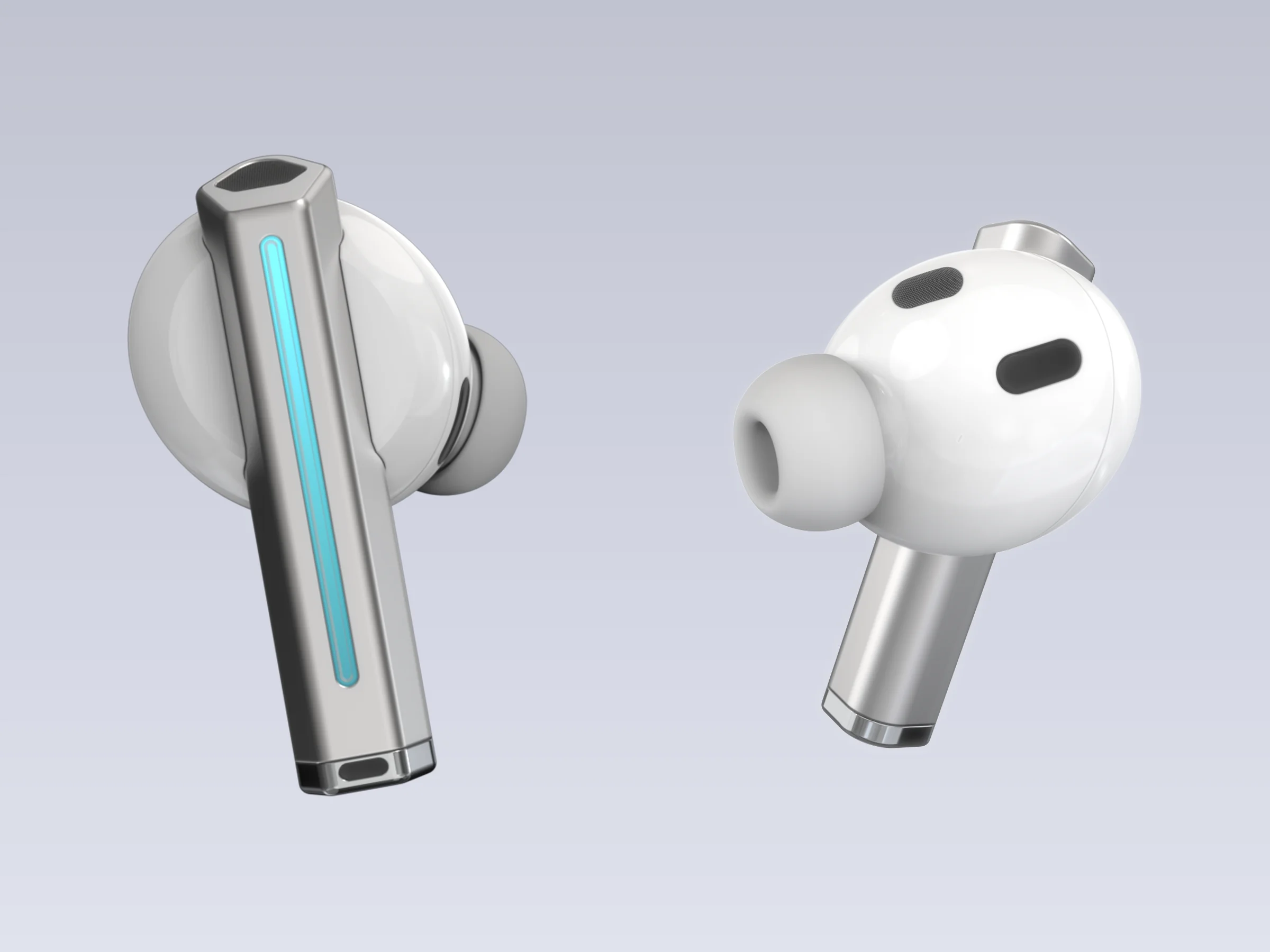 Aura Buds render: two white earbuds, one showing the flat metal stem with its light strip, the other the rounded in-ear body