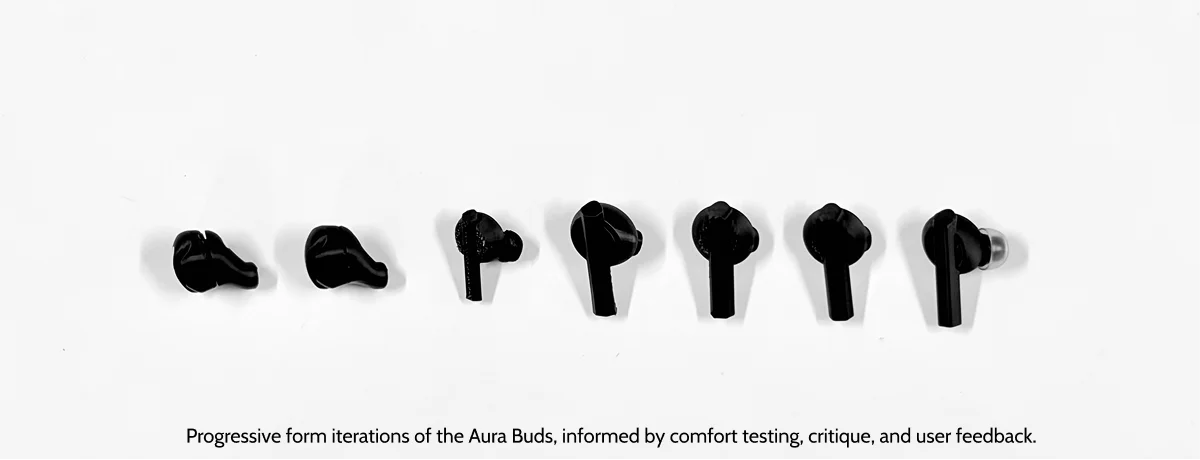 Progressive Aura Bud form iterations informed by ergonomic testing