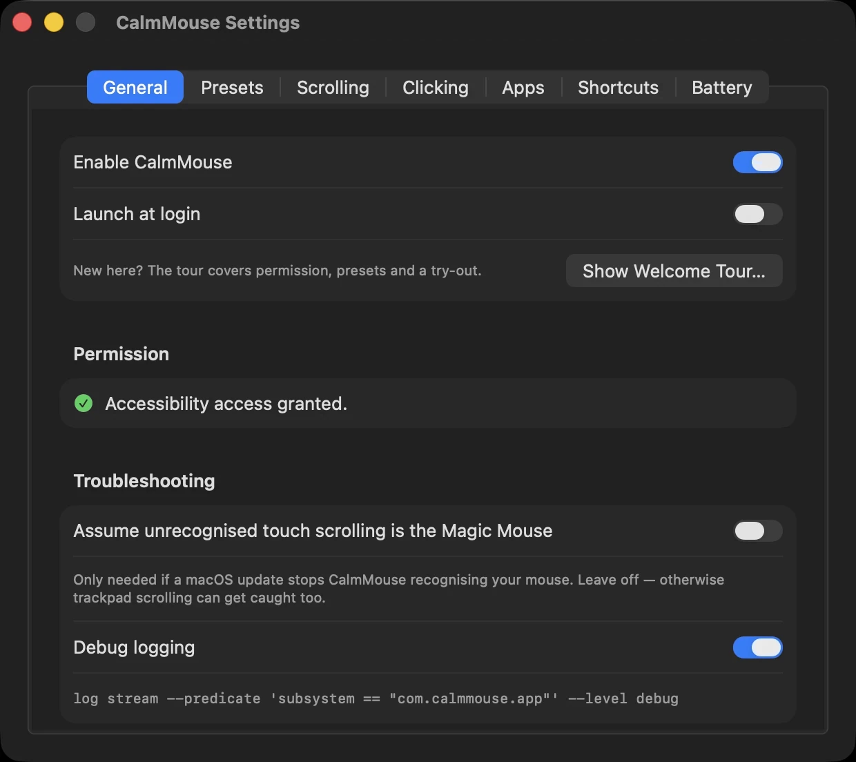 CalmMouse settings window, General tab