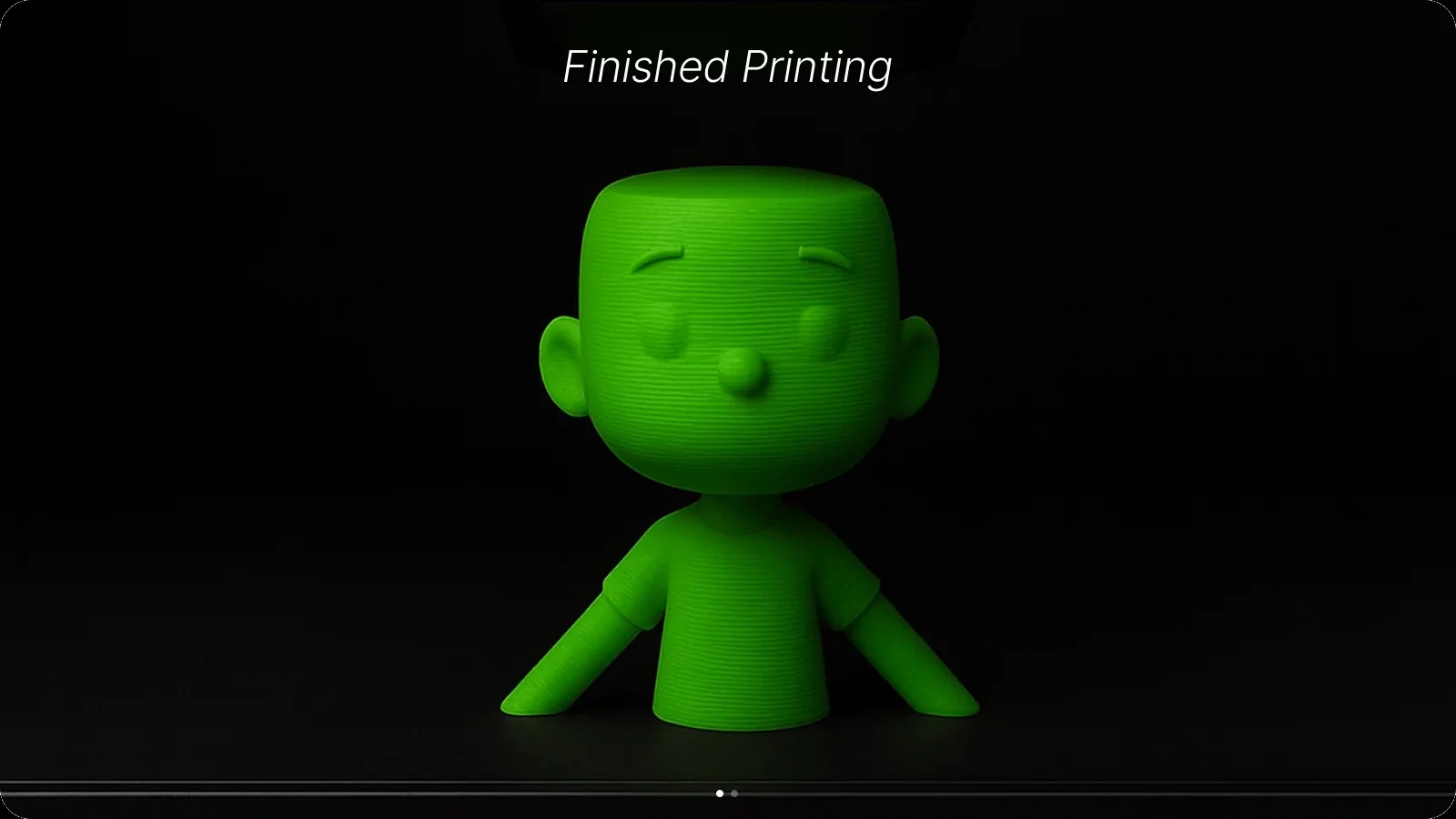 FlowPrint finished-printing screen with a green printed bust and the title Finished Printing