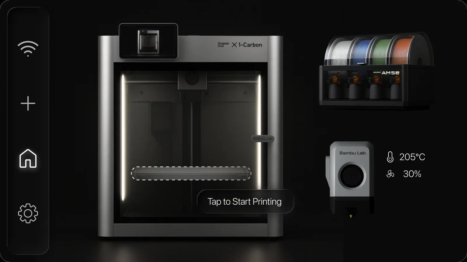 FlowPrint home on the printer screen: the machine in view, Tap to Start Printing, AMS spools, and head temperature