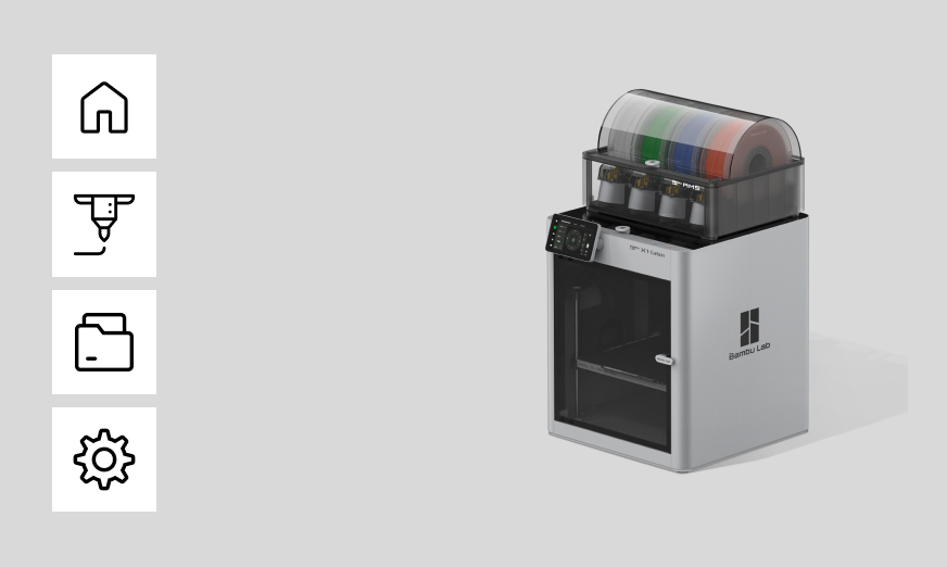 Lo-fi machine-screen layout from the first direction: a rail of home, nozzle, files, and settings beside a render of the X1 Carbon