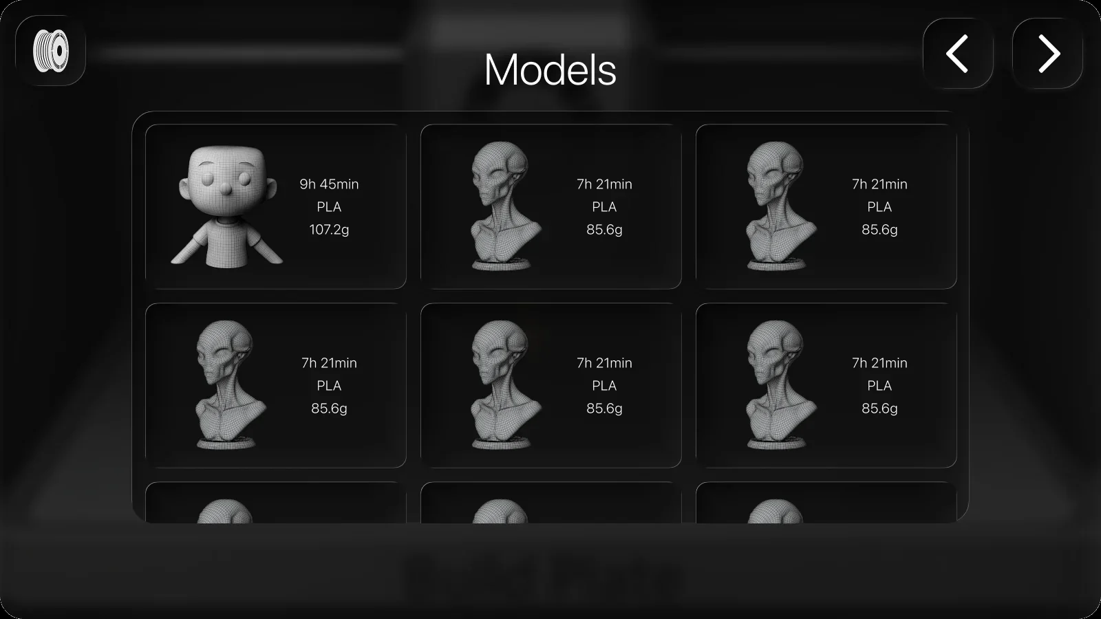 FlowPrint Models grid: each tile shows a bust, print time, PLA, and grams