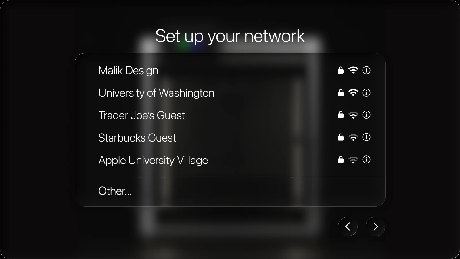 FlowPrint network setup on the printer screen: a glass list of Wi-Fi names including Malik Design and University of Washington