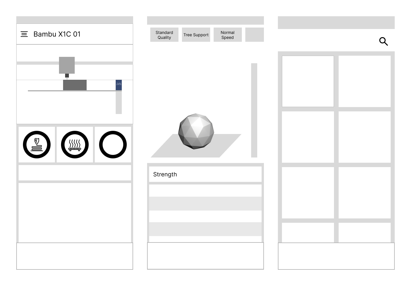 Three lo-fi phone wireframes from the first direction: a status home, a slicing screen labeled Quality Speed and Strength, and a model-library grid