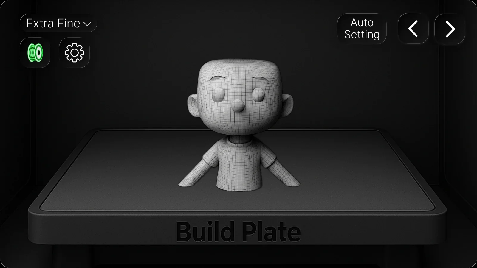 FlowPrint prepare view: Extra Fine, Auto Setting, and a bust on the build plate