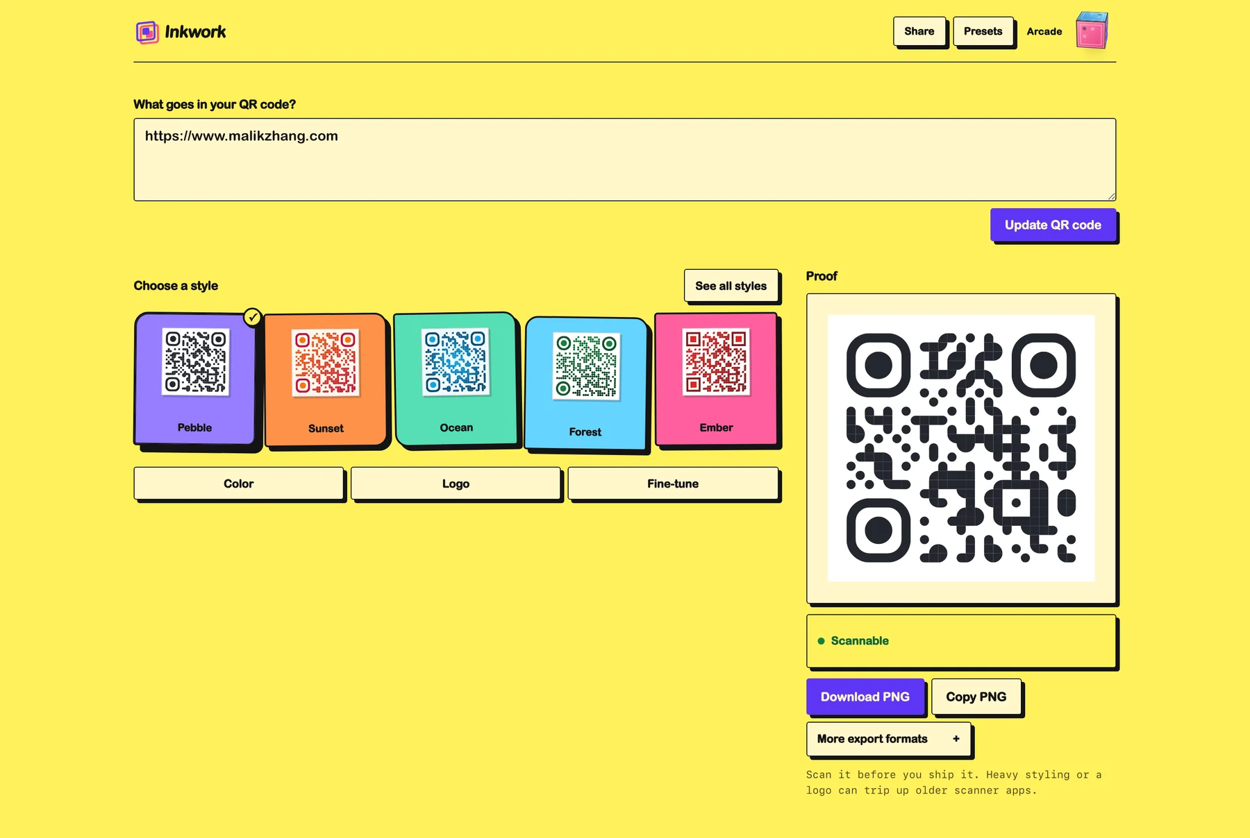 The same Inkwork page in the Arcade theme: yellow ground, hard shadows, thick borders, and the same layout