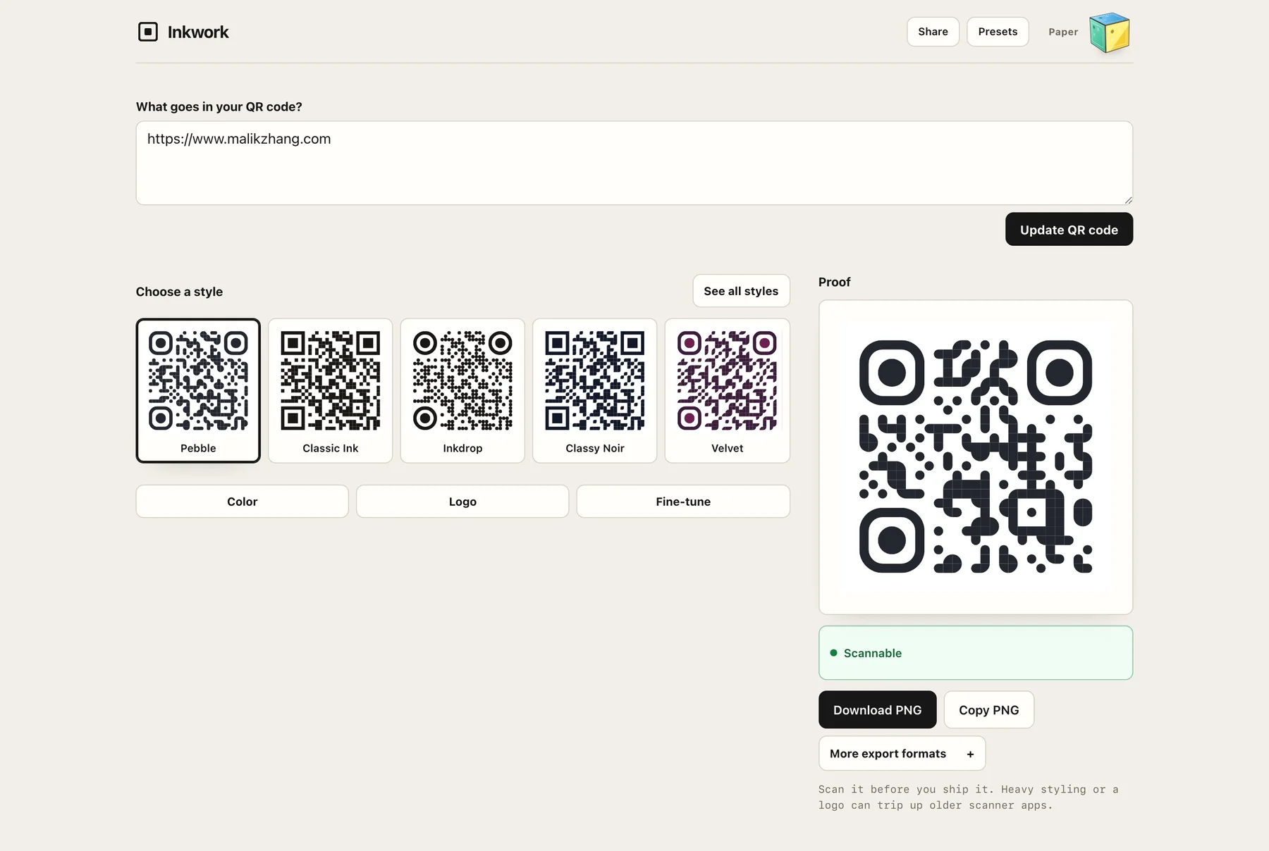 Inkwork after the redesign: one content field, one Update QR code button, named style tiles, and a proof panel with a single primary download