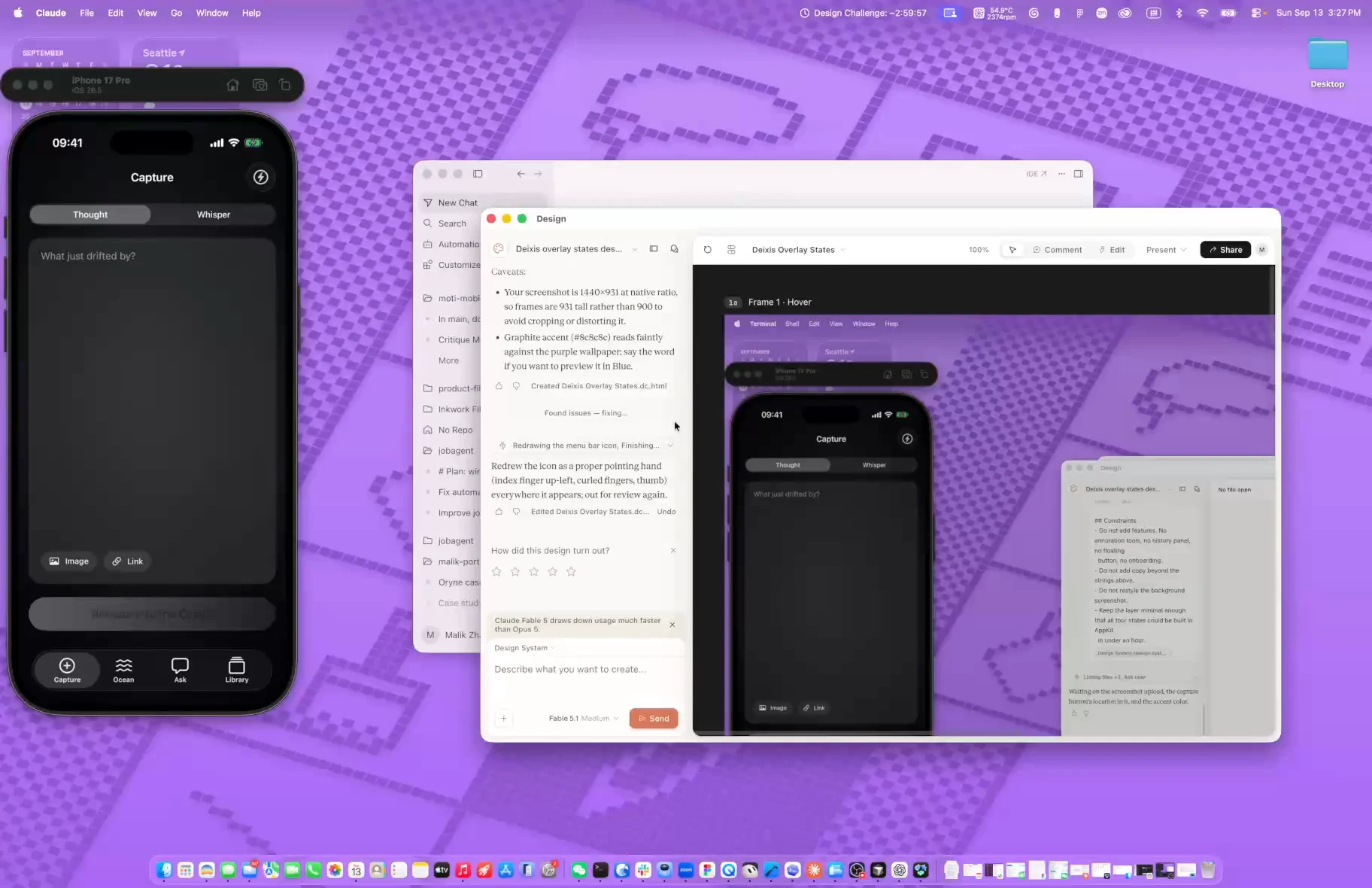 The Claude Design canvas titled Deixis Overlay States, showing Frame 1, Hover, over the iPhone Simulator, with the menu-bar timer reading Design Challenge 2:59:57