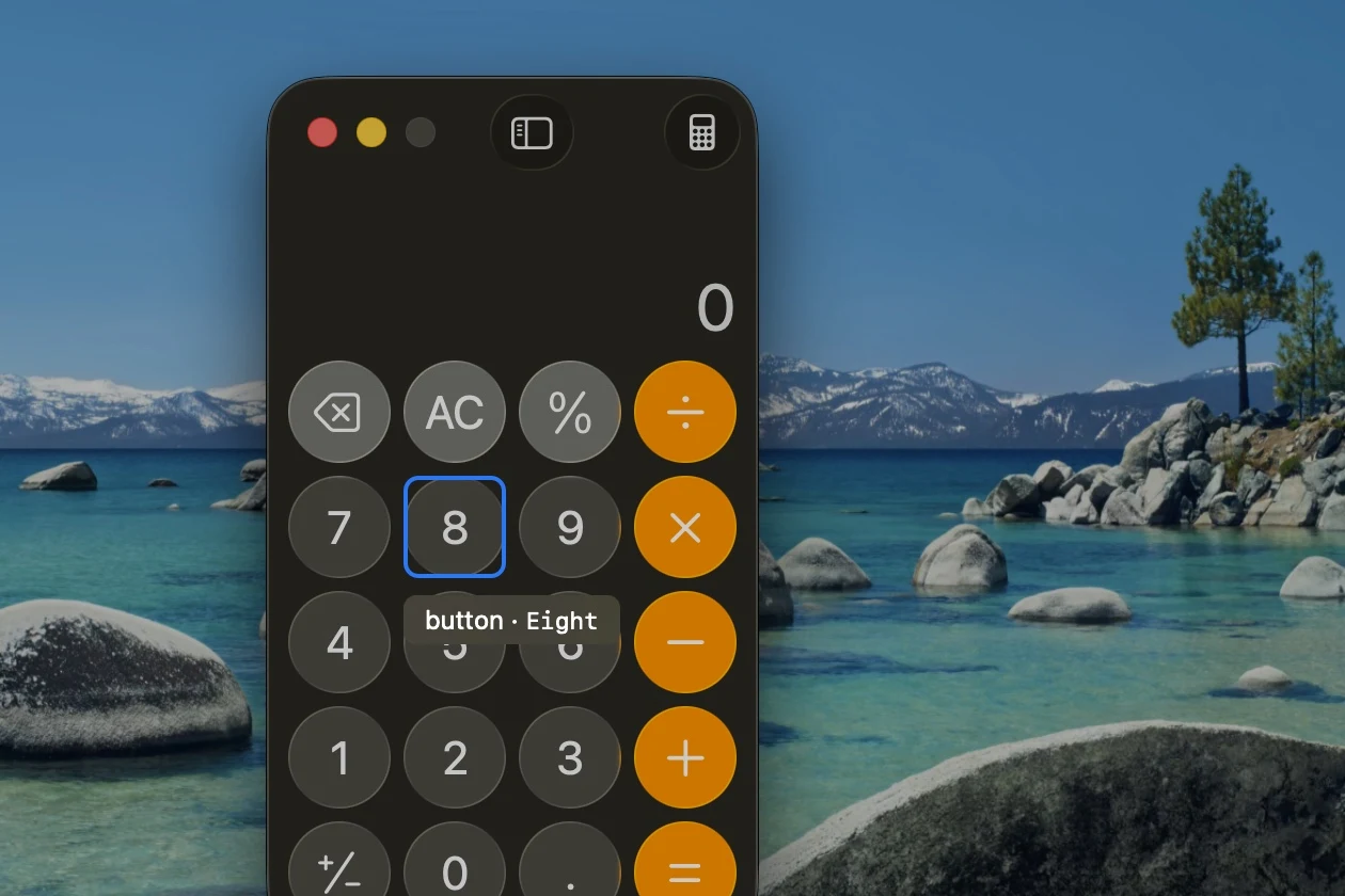 The overlay over Calculator: the 8 key outlined in blue, with the label button · Eight beneath it