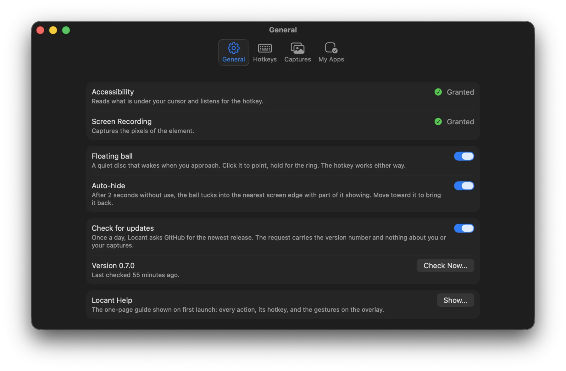 Locant Settings, General tab, in the dark appearance: Accessibility and Screen Recording granted, the floating ball and auto-hide on, and a daily update check