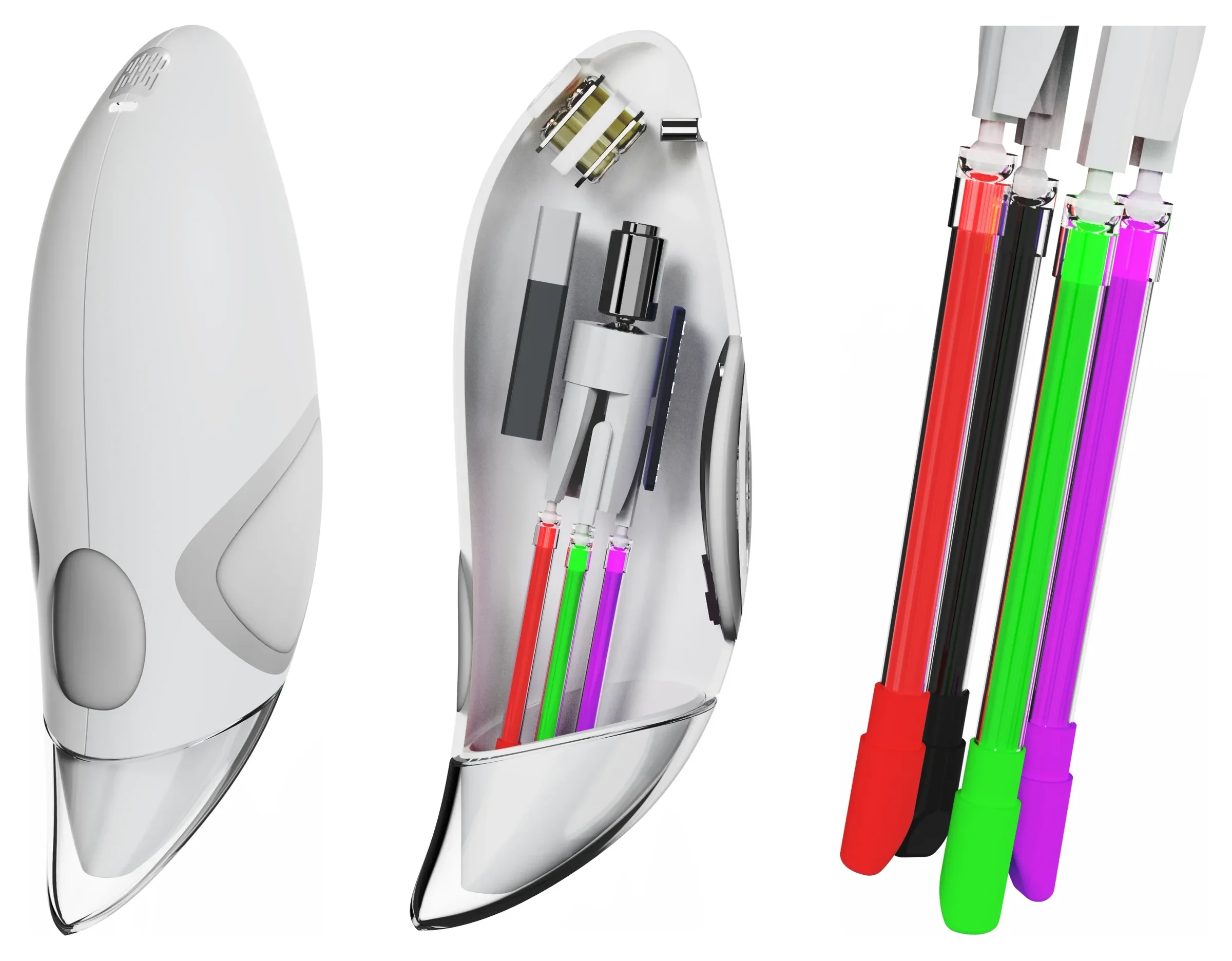 Side view of the white brush, a translucent view of its motor, board, battery and ink tubes, and the four ink cartridges