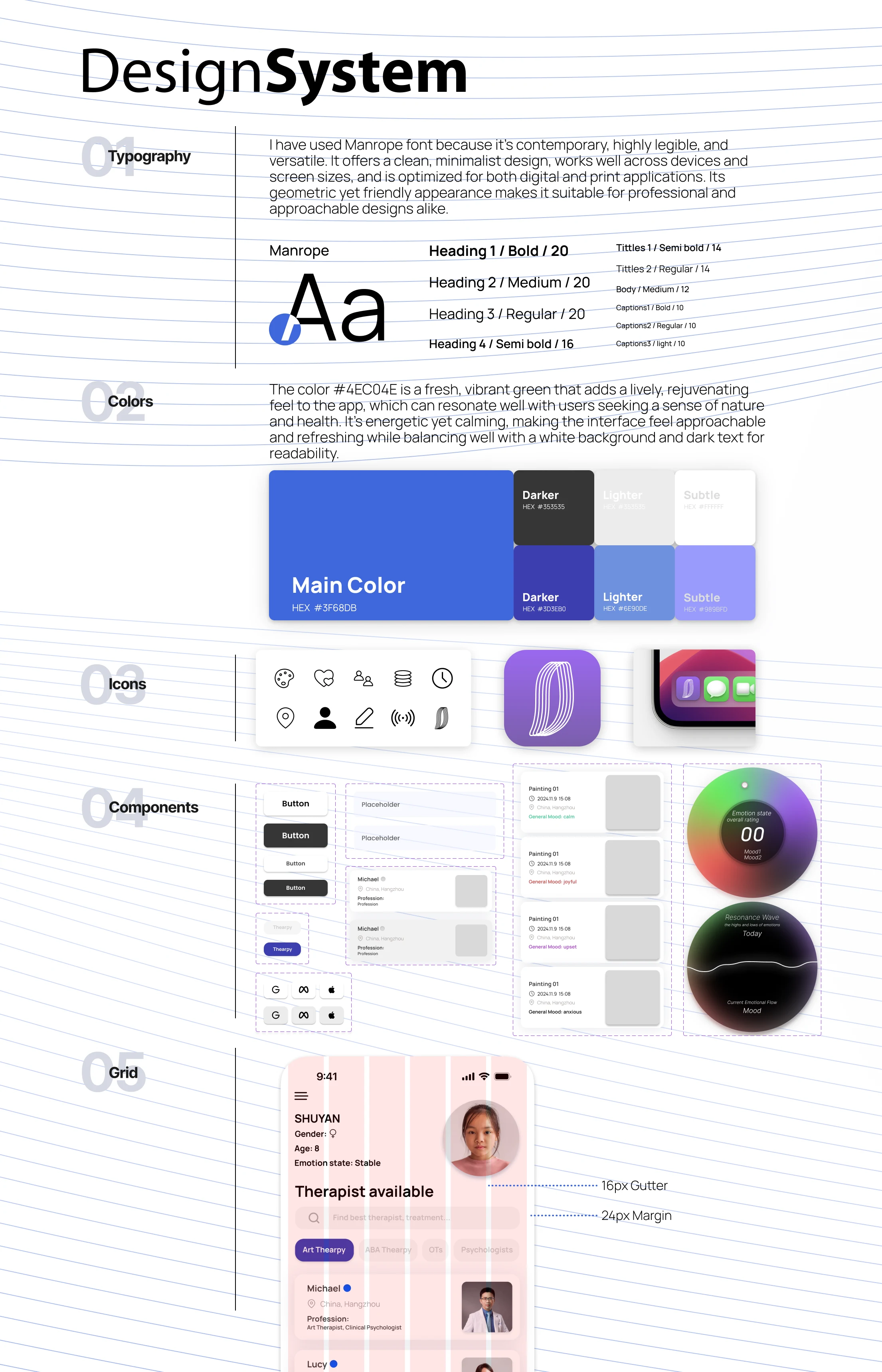The Mood Connect design system: Manrope type scale, the main blue palette with hex values, the icon set, components, and the 16px gutter and 24px margin grid