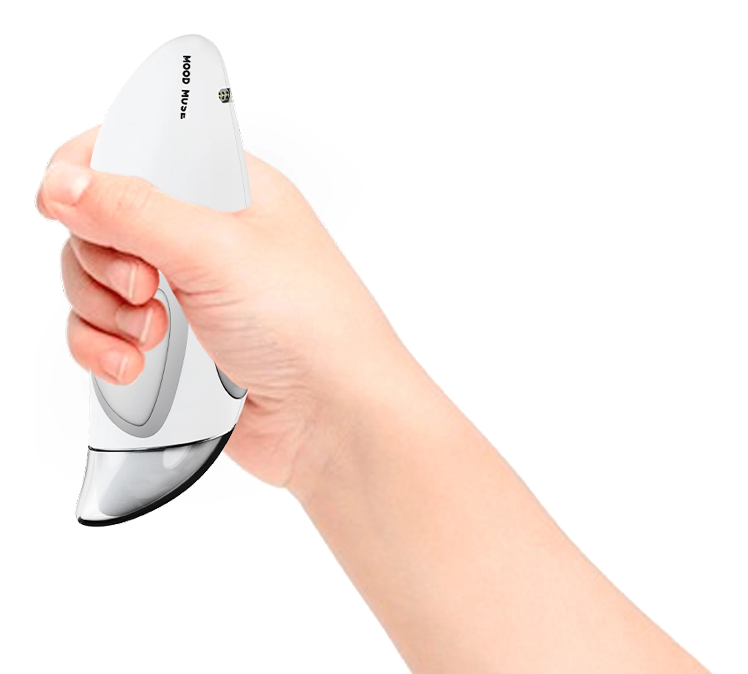 A child's hand gripping the white brush, with the Mood Muse logo and one magnetic charging contact visible near the tail