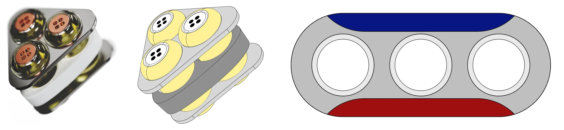 The three-pod essential-oil diffuser render, a flat drawing of the diffuser, and a drawing of the magnetic charger receptacle with N and S poles and three contacts