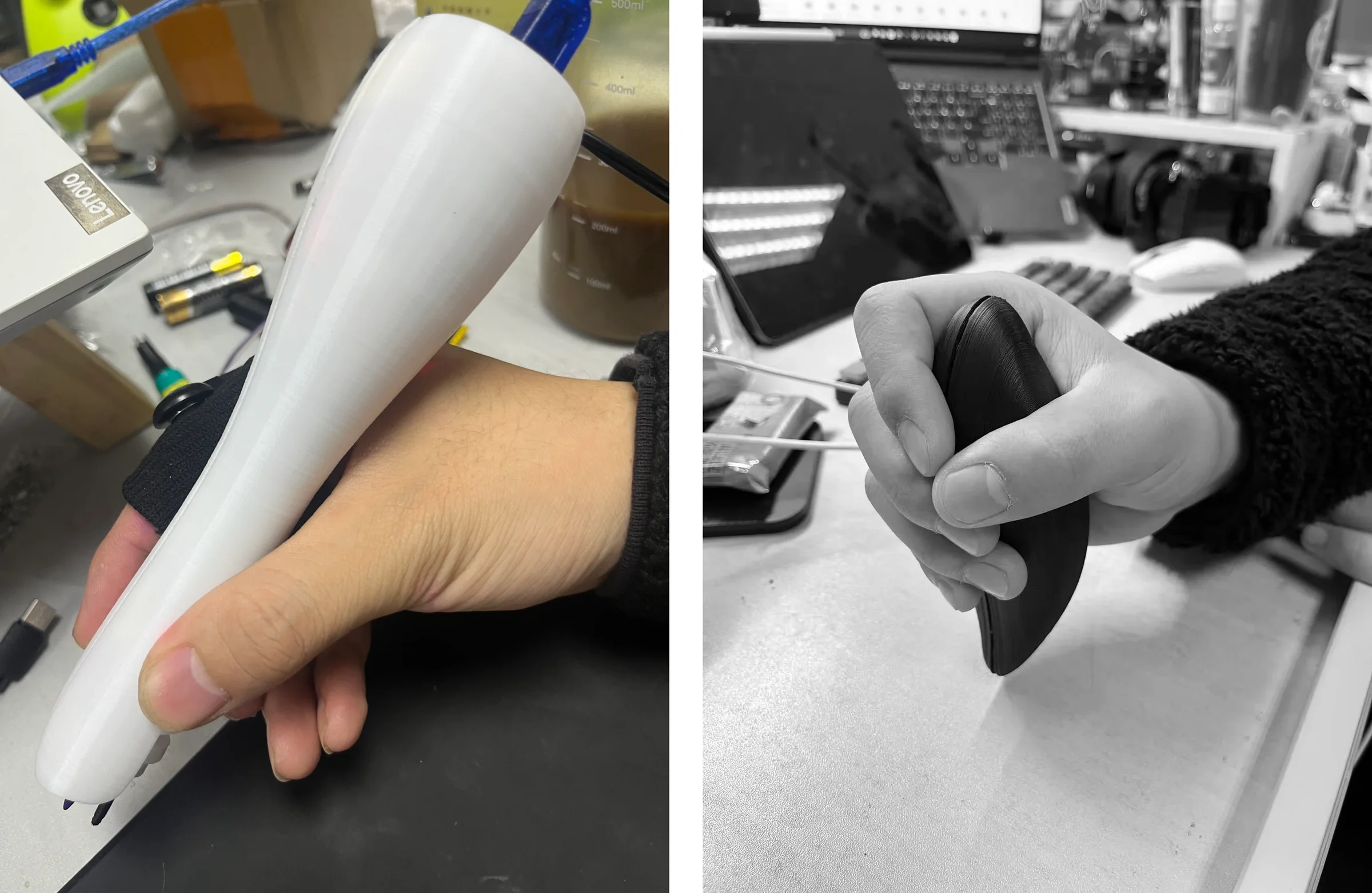 A hand holding the white 3D-printed prototype at a workbench, and a hand gripping the dark prototype on a desk