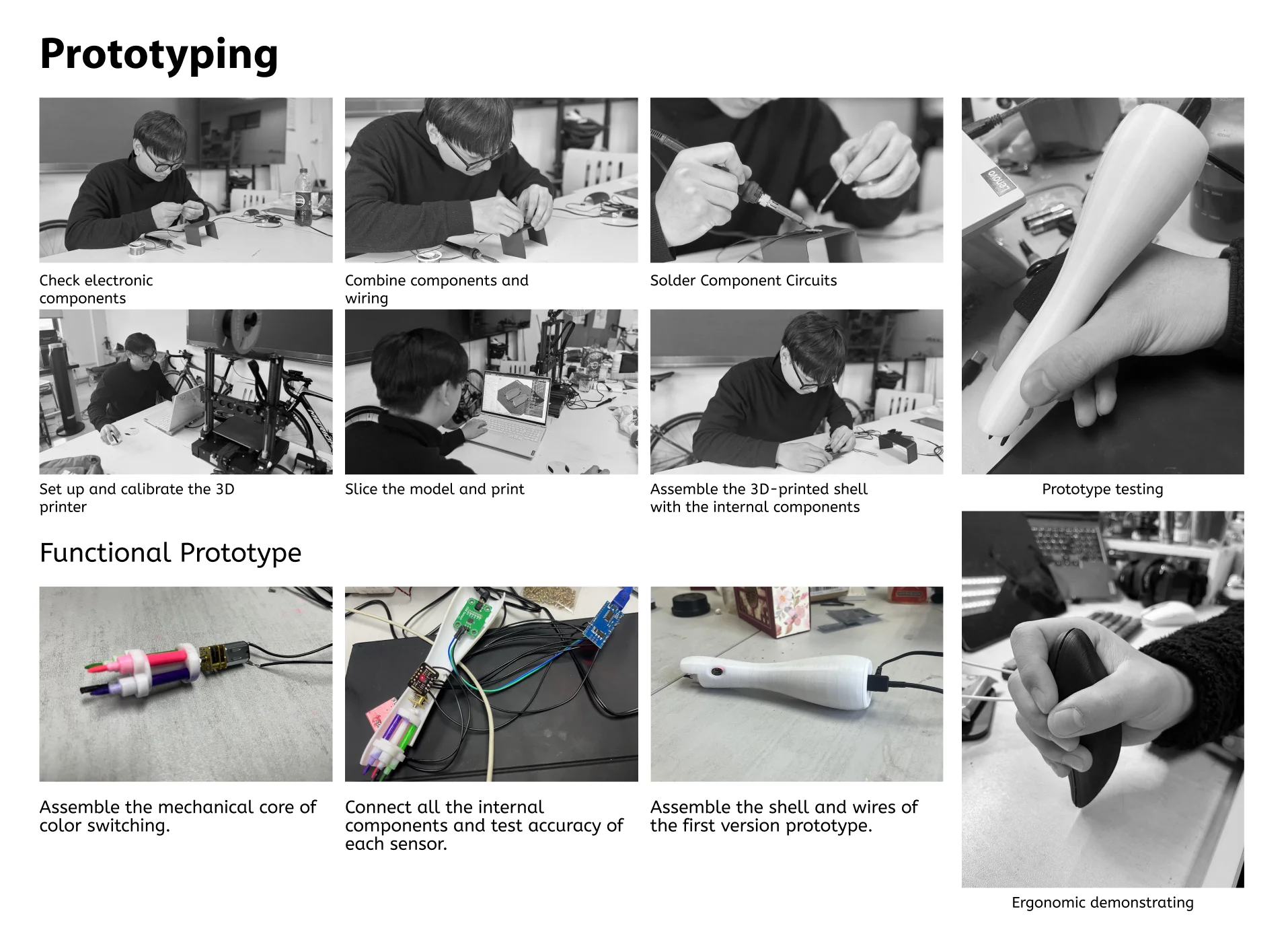 Black-and-white prototyping grid: checking electronic components, wiring, soldering, 3D printer setup, slicing and printing, shell assembly, the mechanical core of the color switcher, sensor testing, and the assembled first prototype