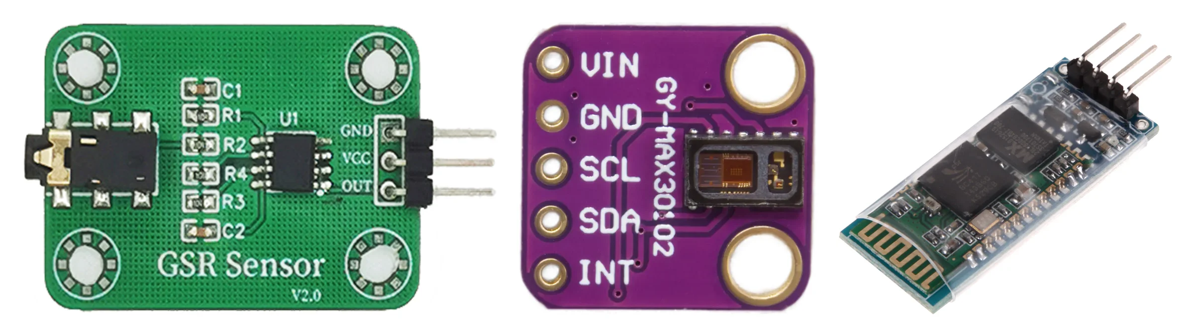 Three sensor modules side by side: a GSR skin-conductance board, a MAX30102 heart-rate module, and an HC-06 Bluetooth module
