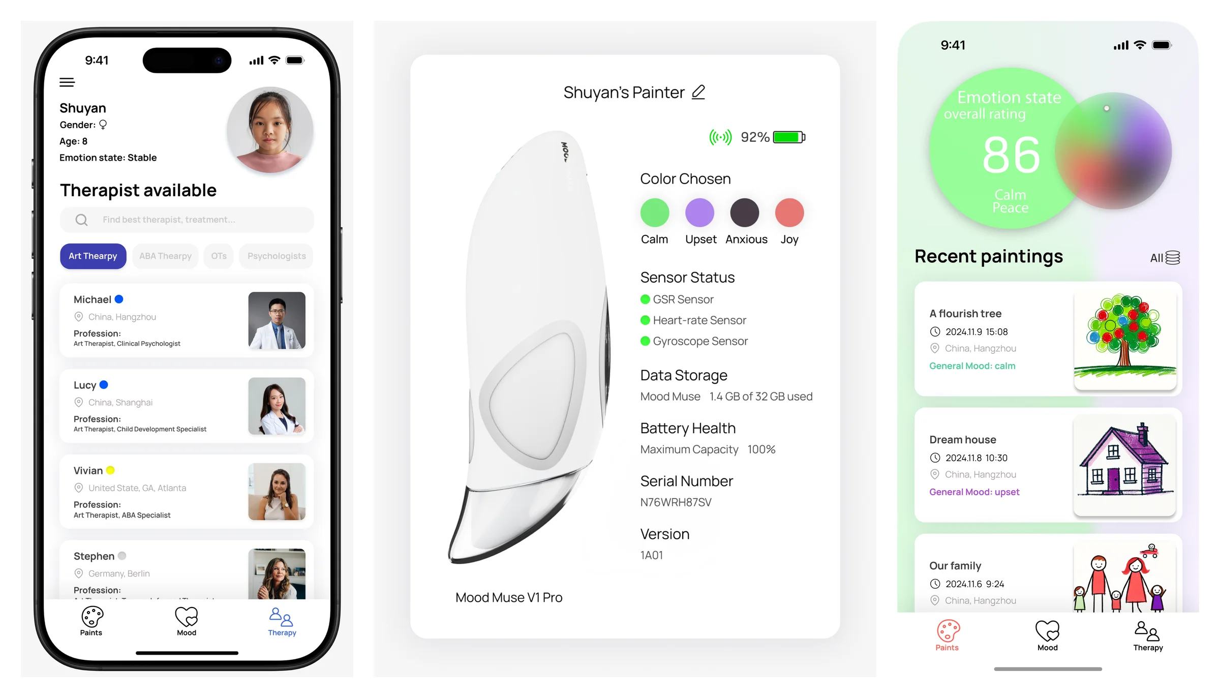 Therapist list for a child named Shuyan, the About card for Shuyan's Mood Muse showing battery, sensors, storage and serial, and a green emotion-score dashboard with recent paintings
