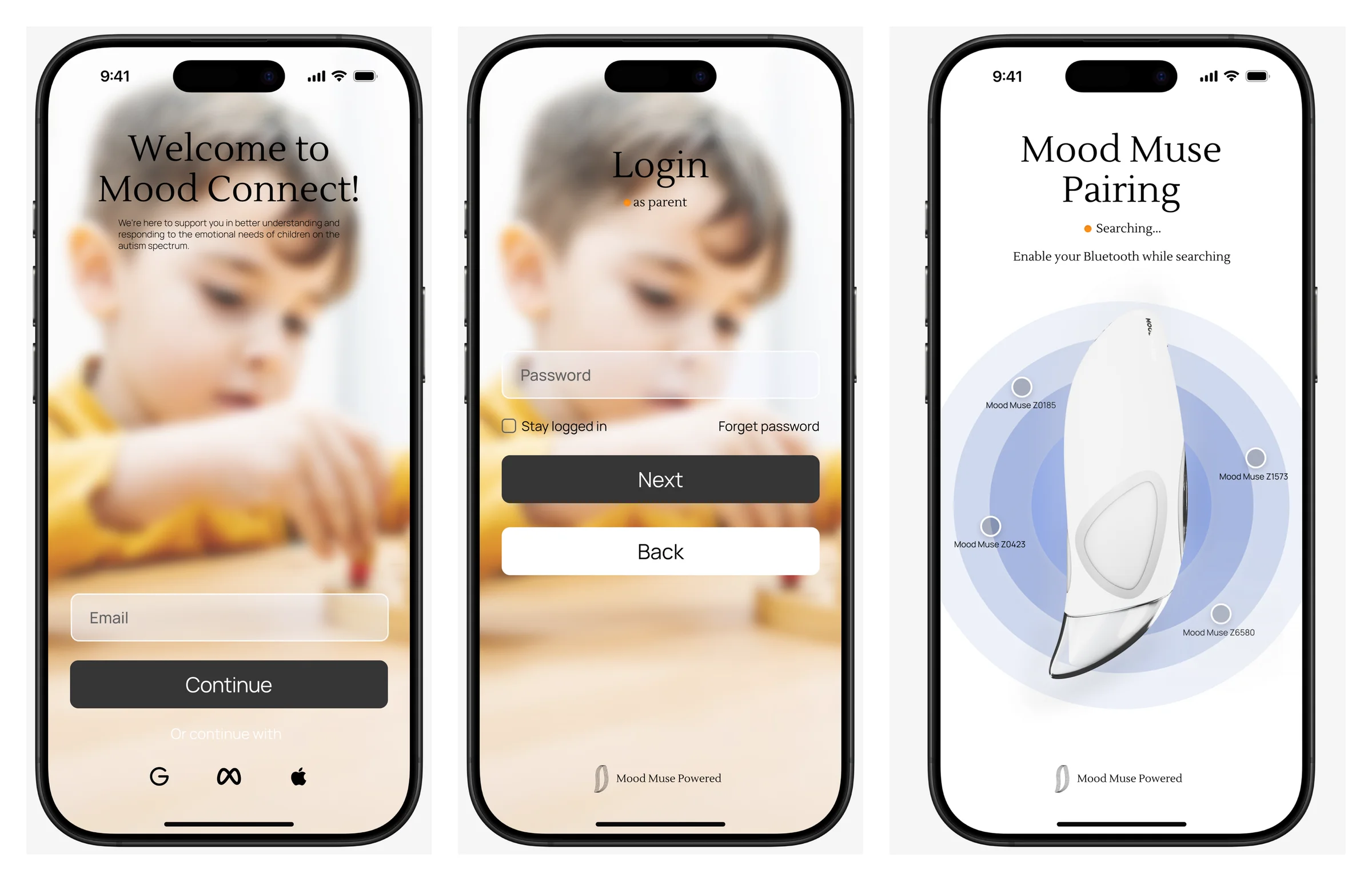Three Mood Connect screens: welcome with a child painting photo, parent login, and Mood Muse pairing with the brush on a radar of nearby devices