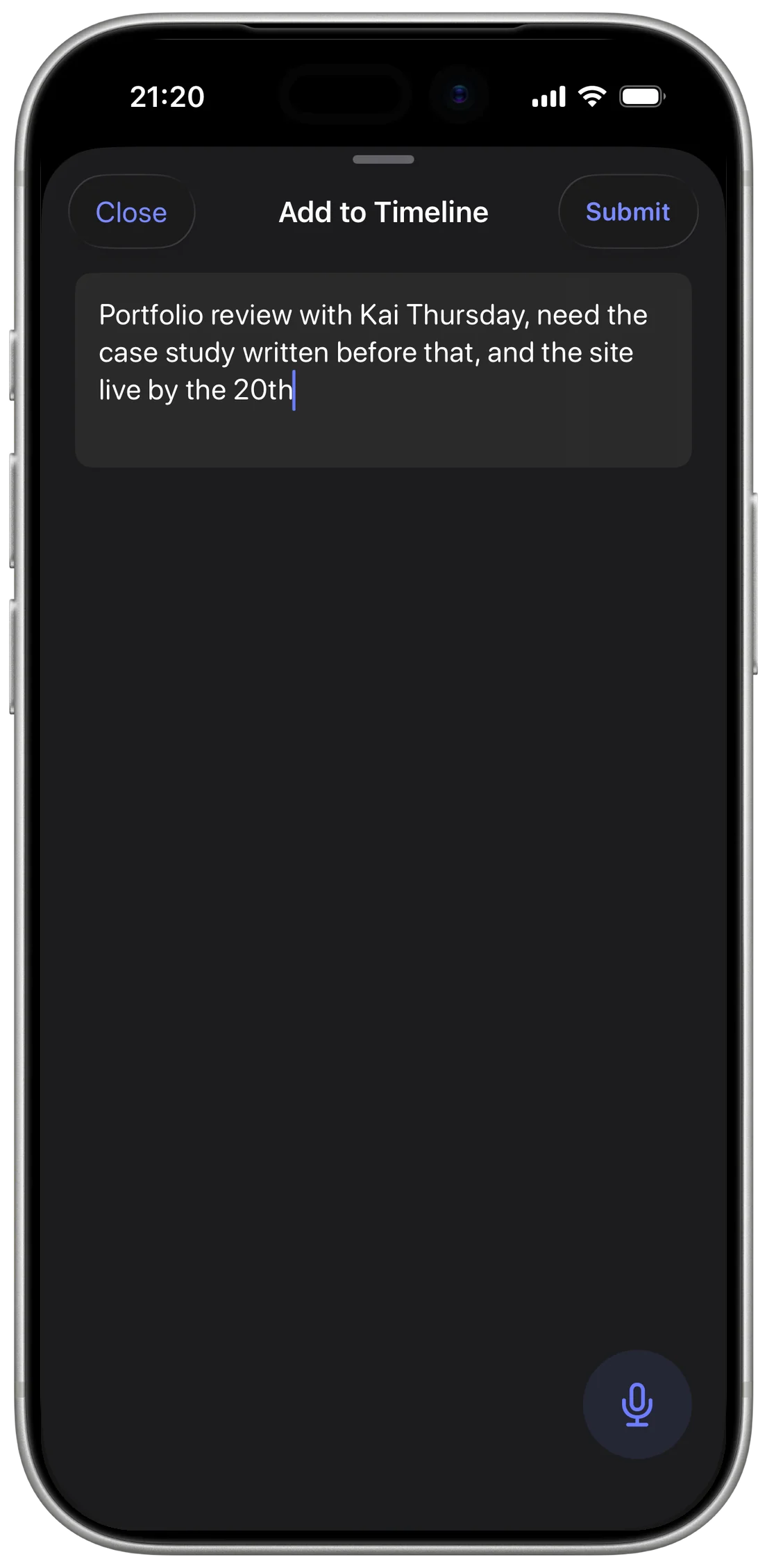 The Add to Timeline sheet holding a lowercase, unpunctuated sentence, with Submit enabled and a mic button