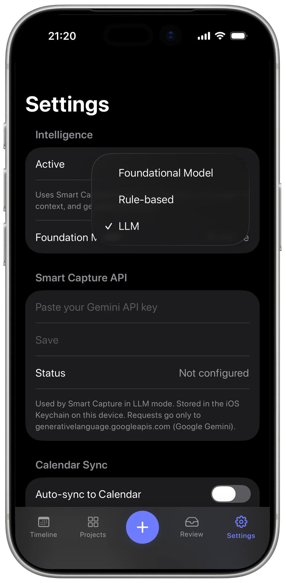 Moti Settings with the Intelligence picker open on Foundational Model, Rule-based and LLM, above the Smart Capture API key field