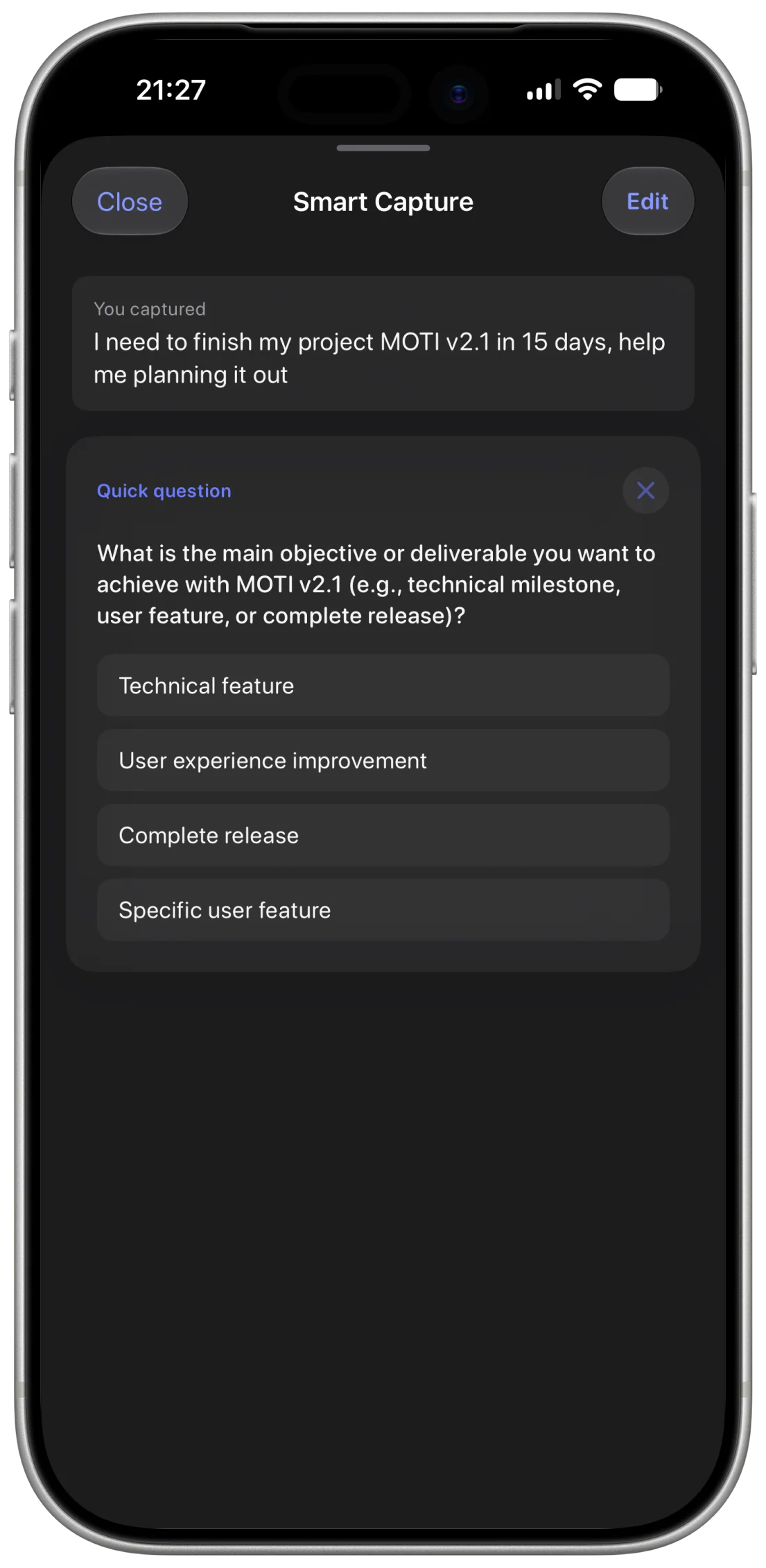 Moti Smart Capture showing the captured sentence above a Quick question with four tappable answers