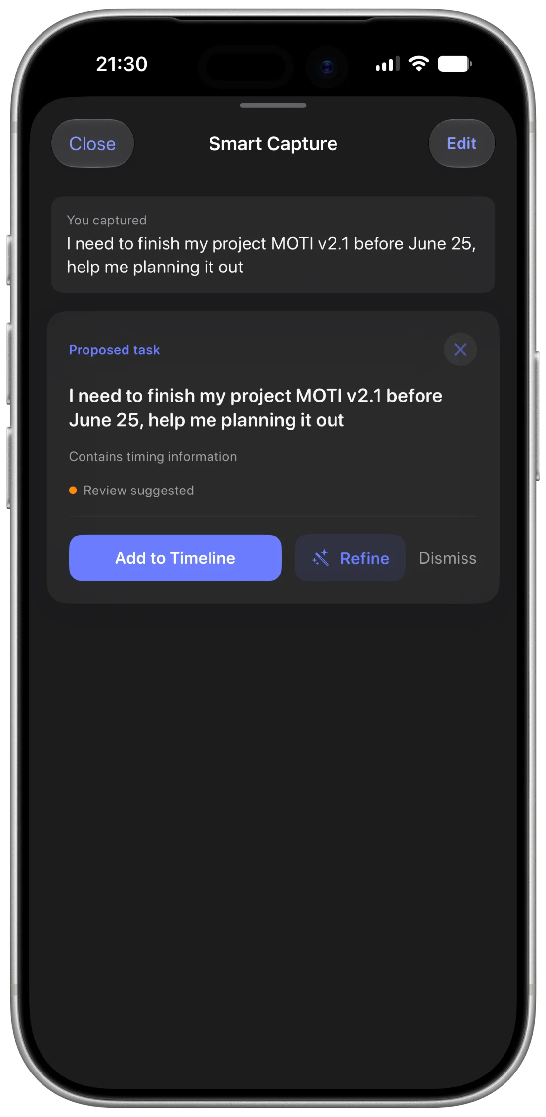 Moti Smart Capture proposing a task flagged Review suggested, with Add to Timeline, Refine and Dismiss