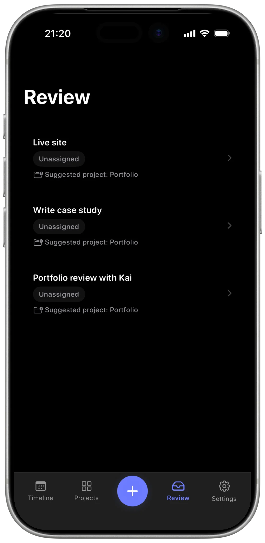 The Review inbox holding Live site, Write case study and Portfolio review with Kai, all marked Unassigned, each with a suggested project of Portfolio