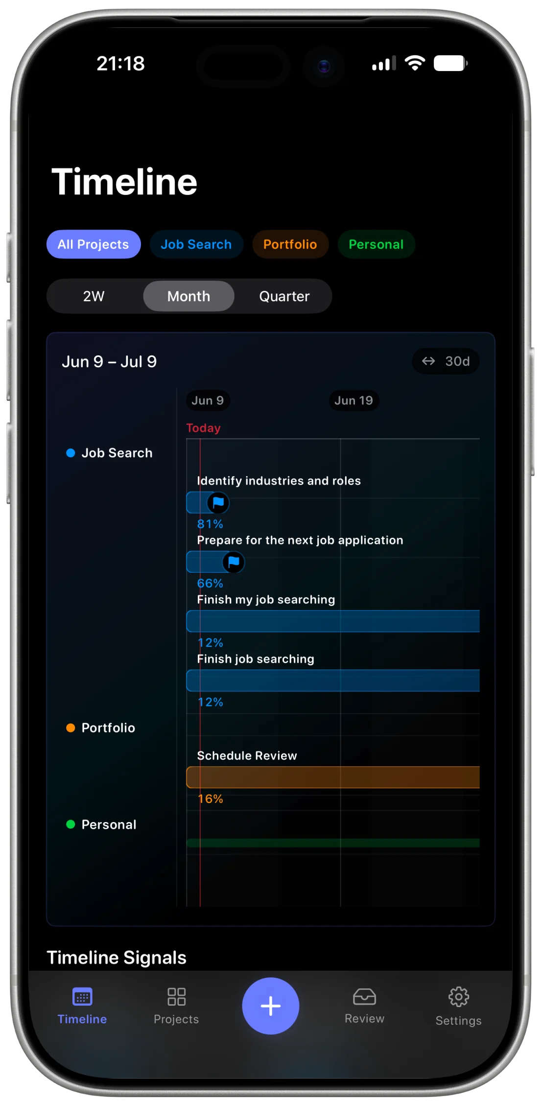 The Moti timeline with Job Search, Portfolio and Personal as parallel streams over one date range