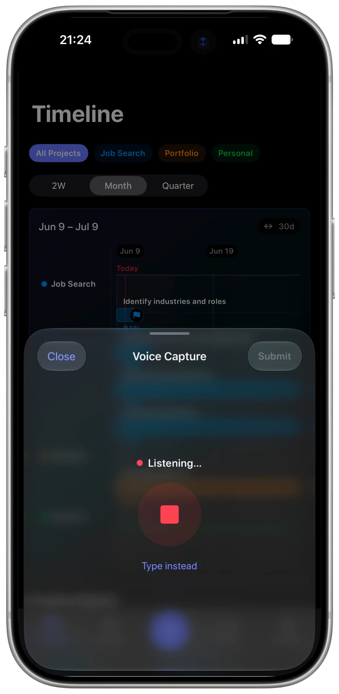 Moti Voice Capture listening over the Timeline, with a stop button and a Type instead option