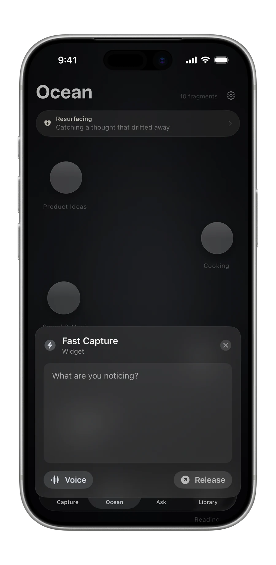 The Fast Capture overlay floating over the Ocean tab