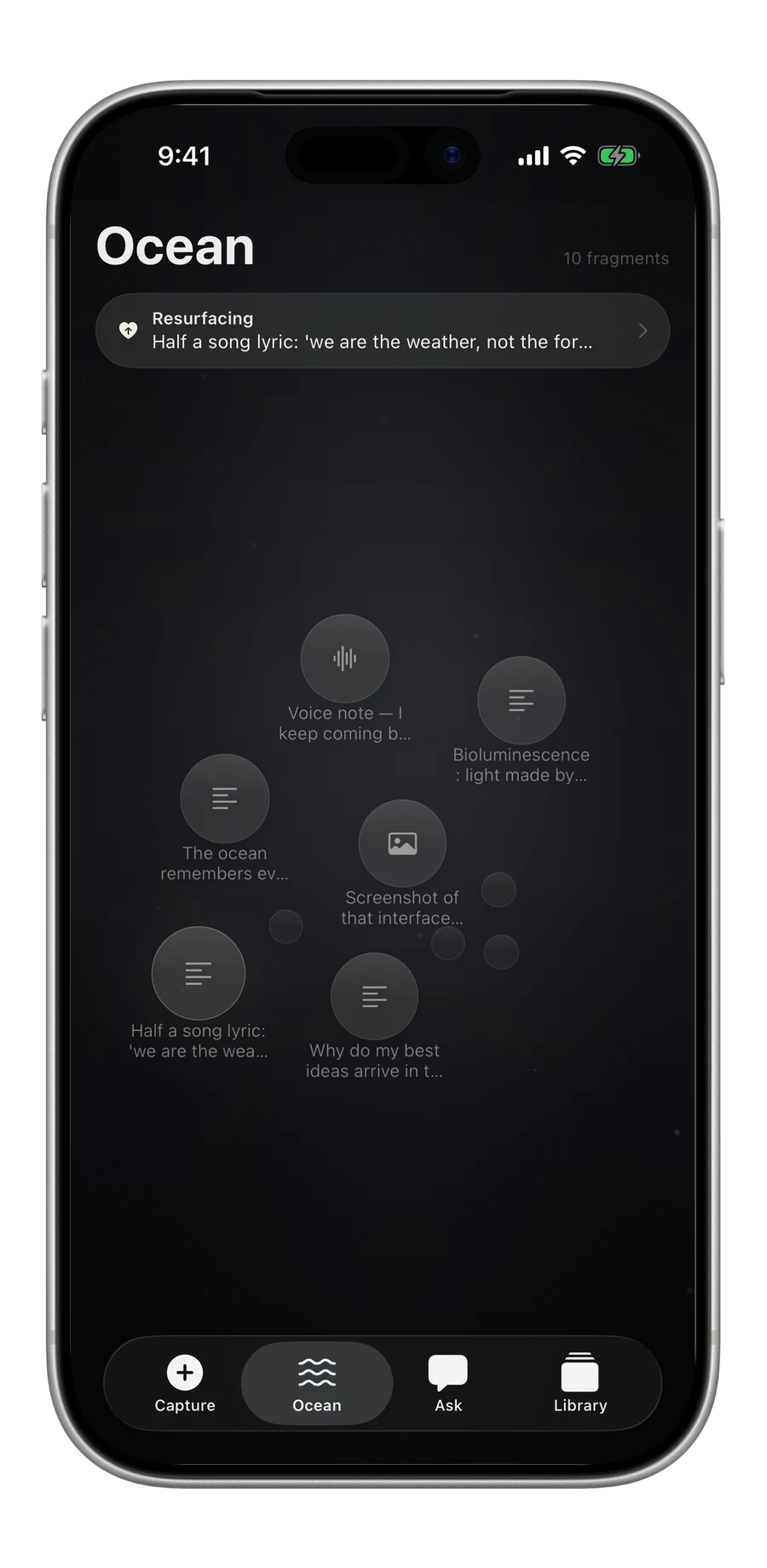 Version 1’s Ocean: ten gray orbs with icons scattered on a dark field