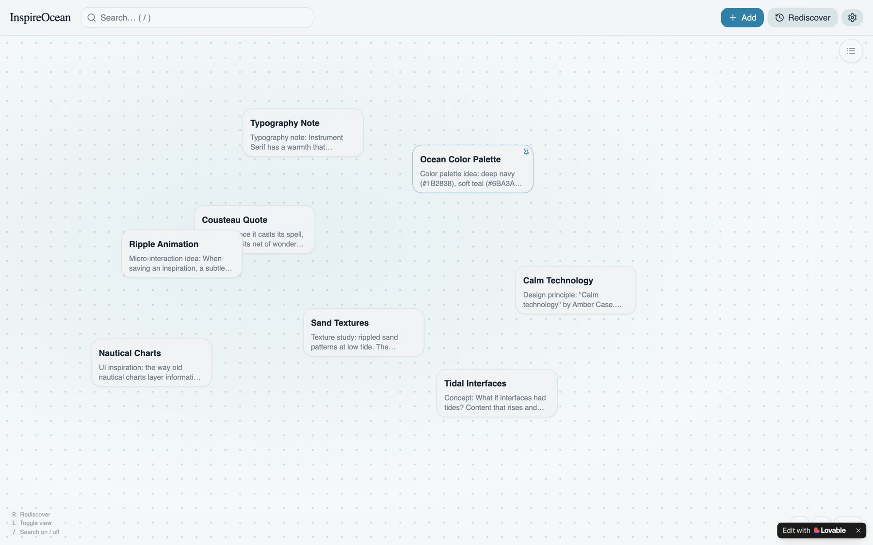 The InspireOcean web prototype: note cards scattered on a dotted canvas with a search bar and Add and Rediscover buttons