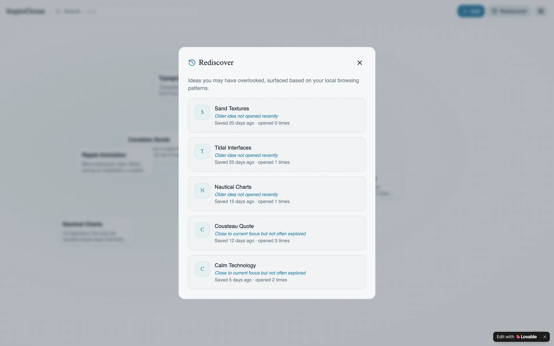 The InspireOcean web prototype’s Rediscover panel listing older ideas not opened recently