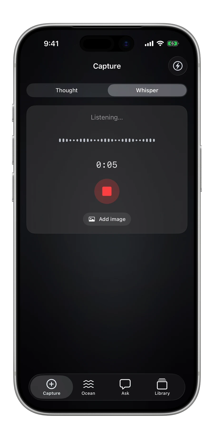 Whisper capture listening, with a live waveform and a stop button
