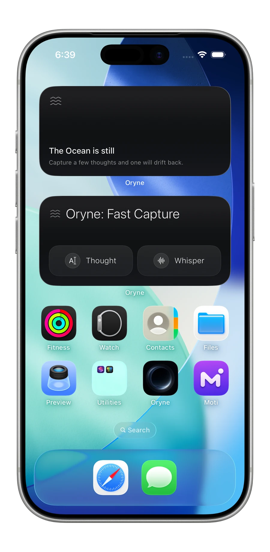 Home screen with the Oryne Fast Capture widget and a resurfacing widget