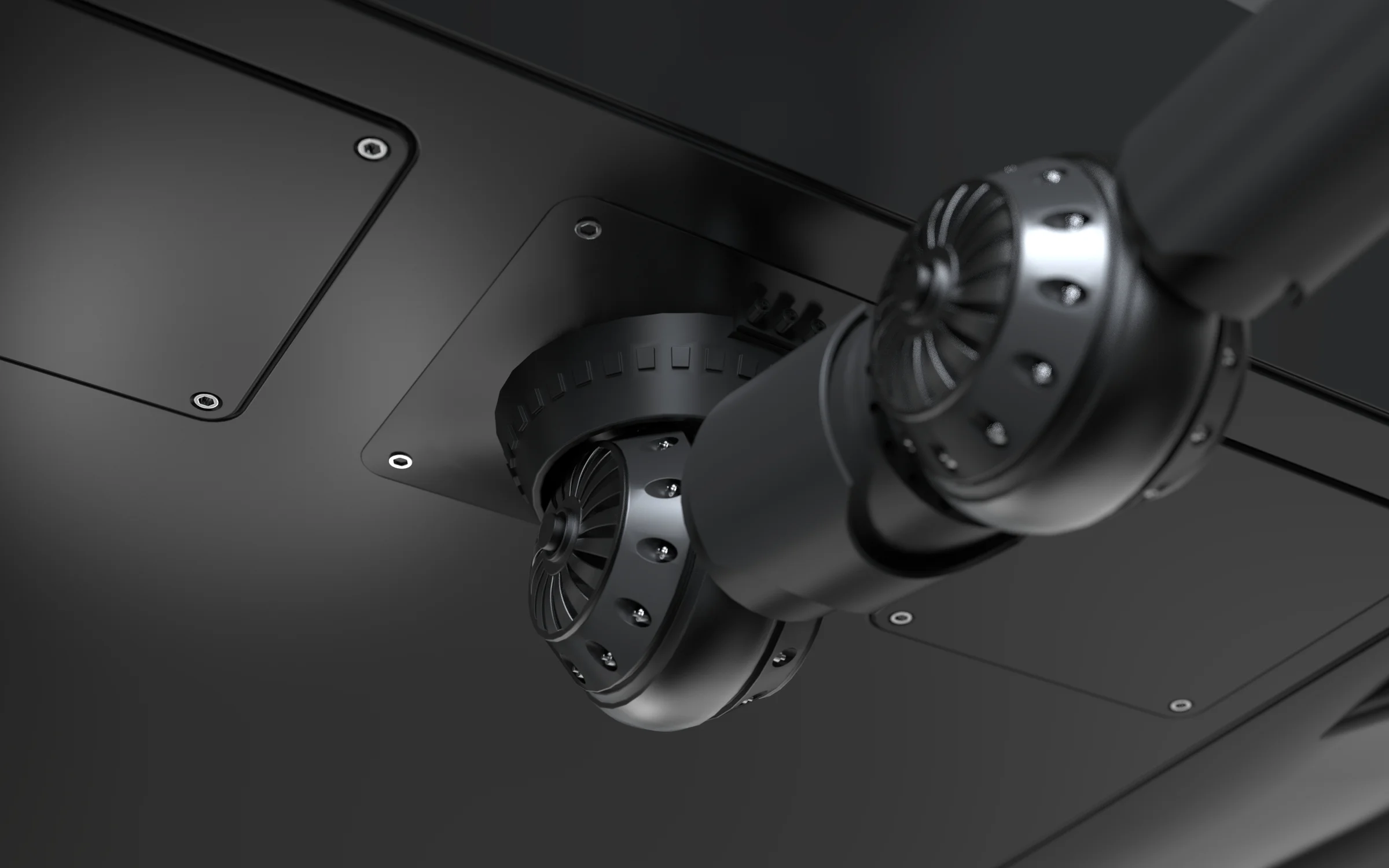Close-up of a vectoring thruster pod and its angle-control joint mounted under the hull