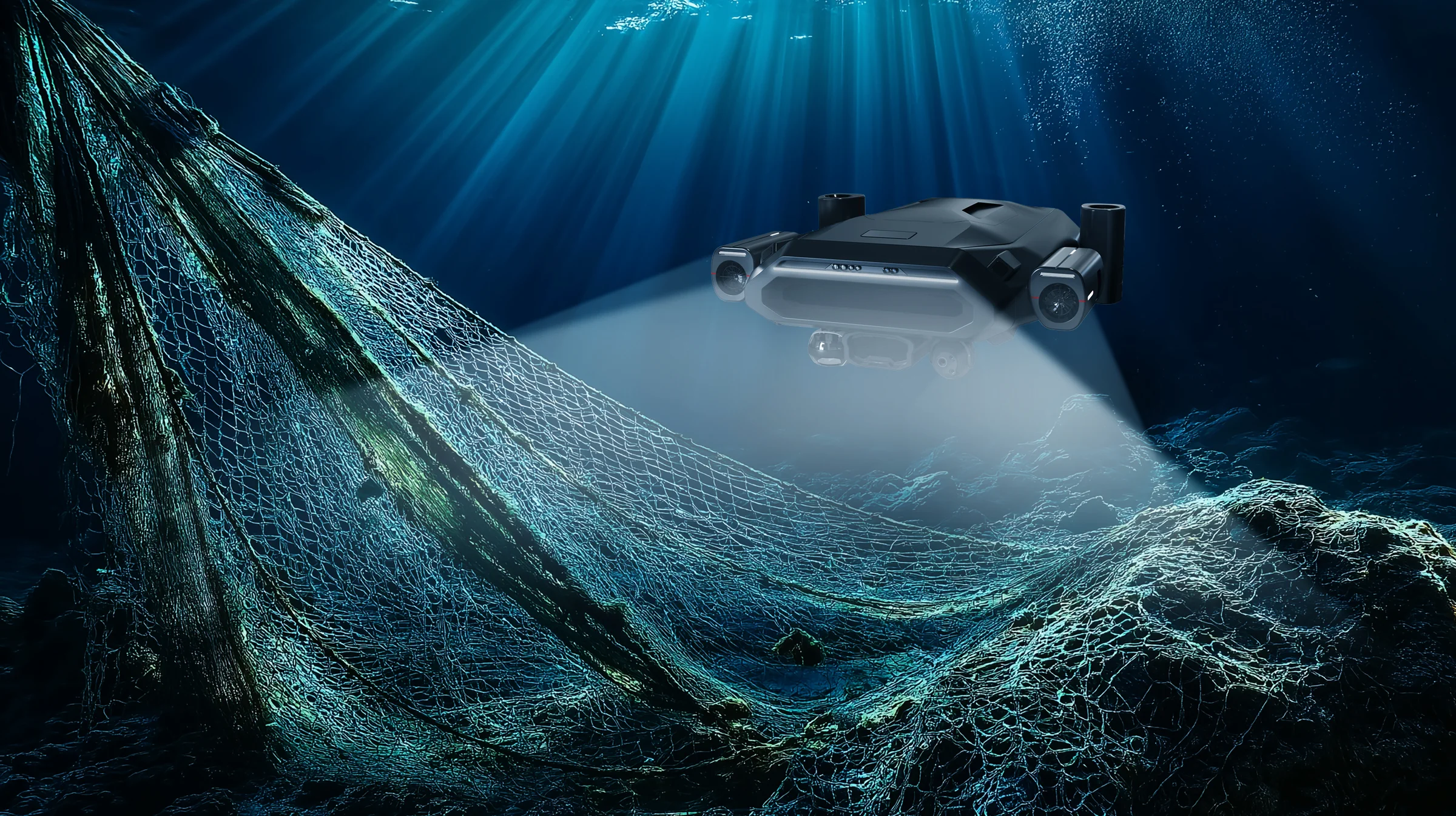 RANGER underwater drone lighting a drifting ghost net on the sea floor