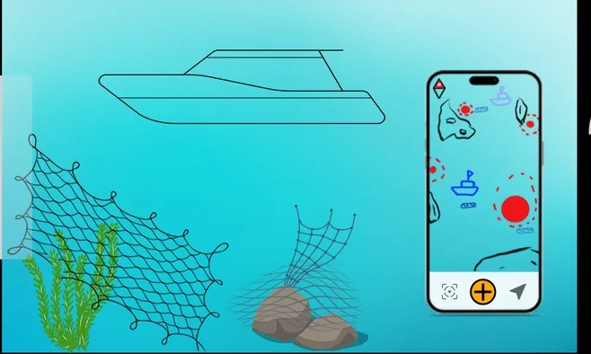 A collection ship above a seabed net, beside a phone showing the ghost gear map