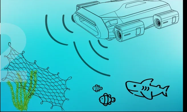 RANGER sweeping sonar over the seabed with fish and a net nearby