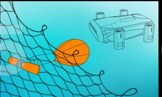 The cartridge inflating into an orange bag on the far side of the mesh