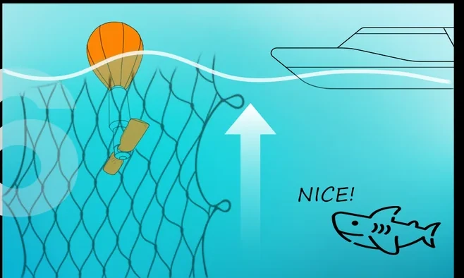 The inflated bag lifting the net toward a waiting ship at the surface