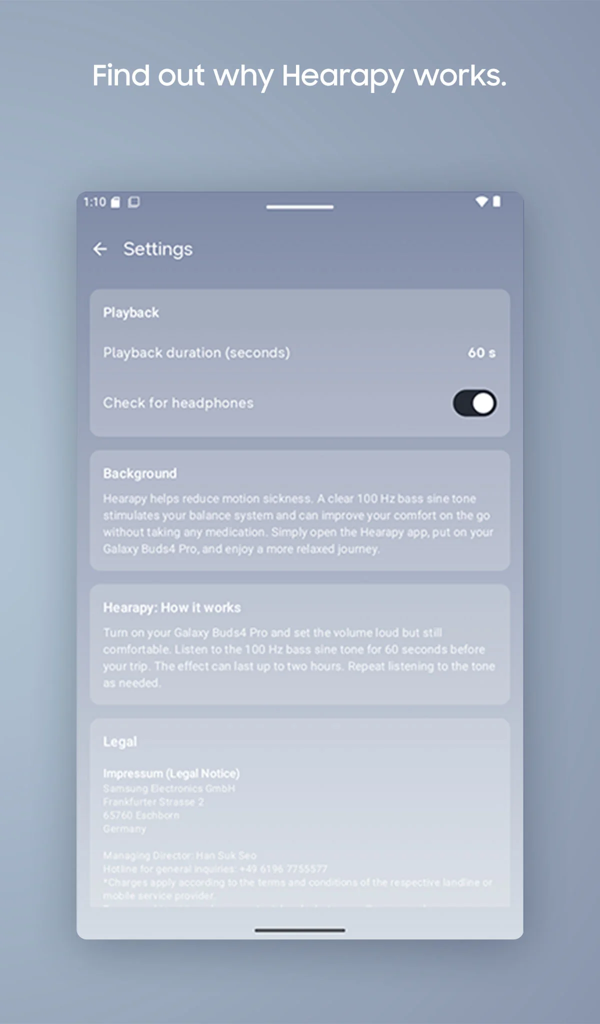 Hearapy settings: playback duration, a headphone check, and a note on why the 100 Hz tone works