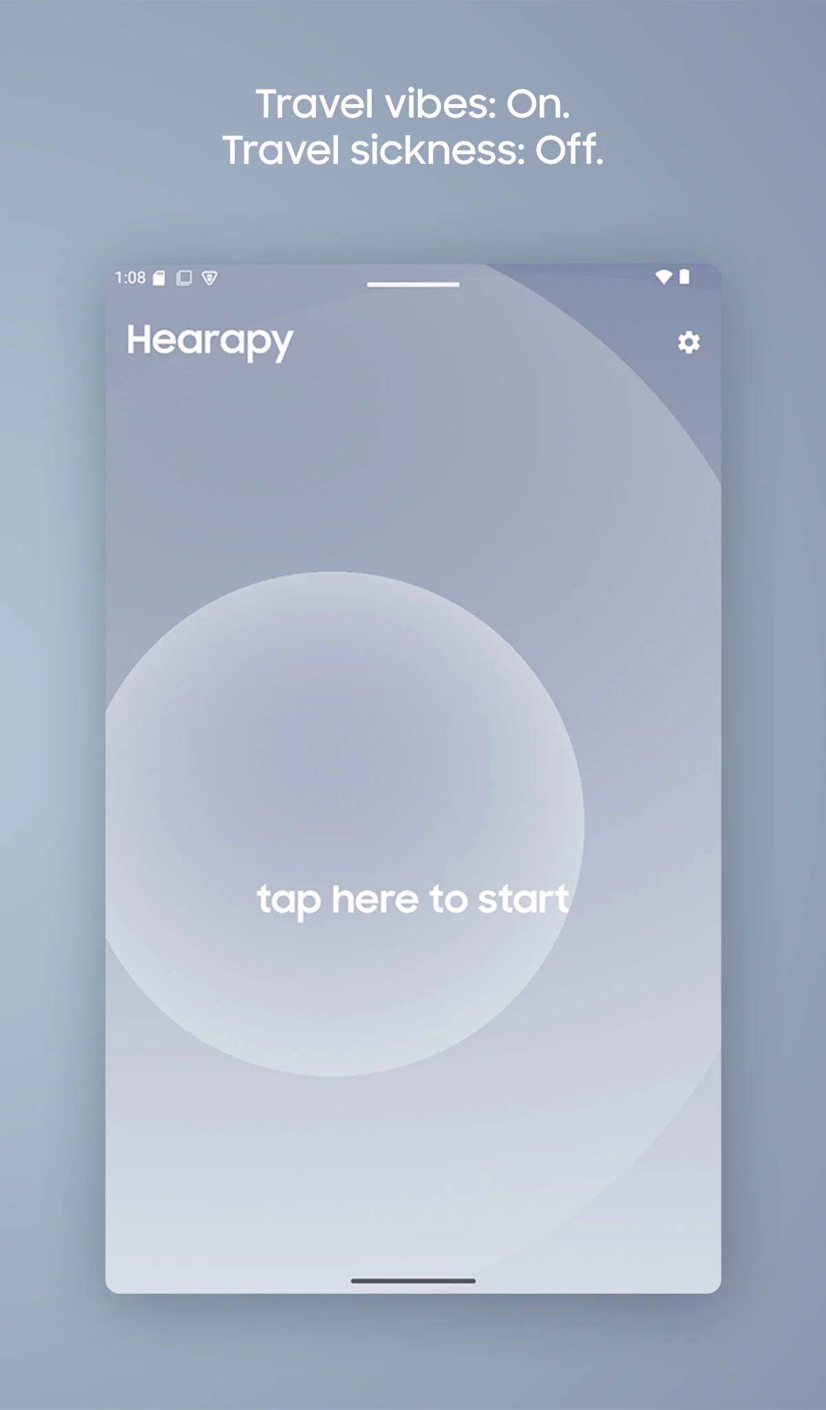 Hearapy start screen: a large circle reading tap here to start