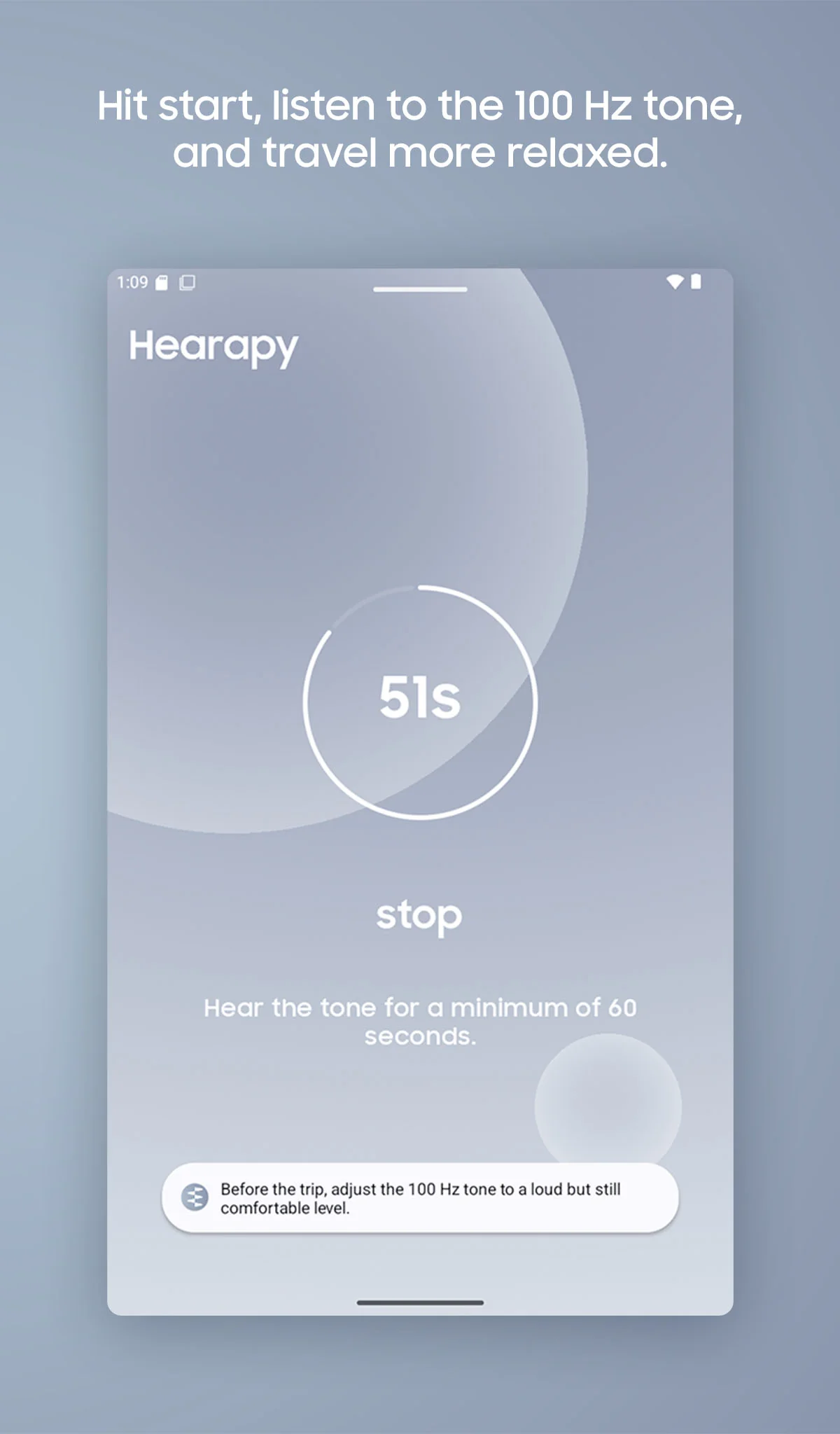 Hearapy running: a 60-second countdown at 51 seconds with a stop control