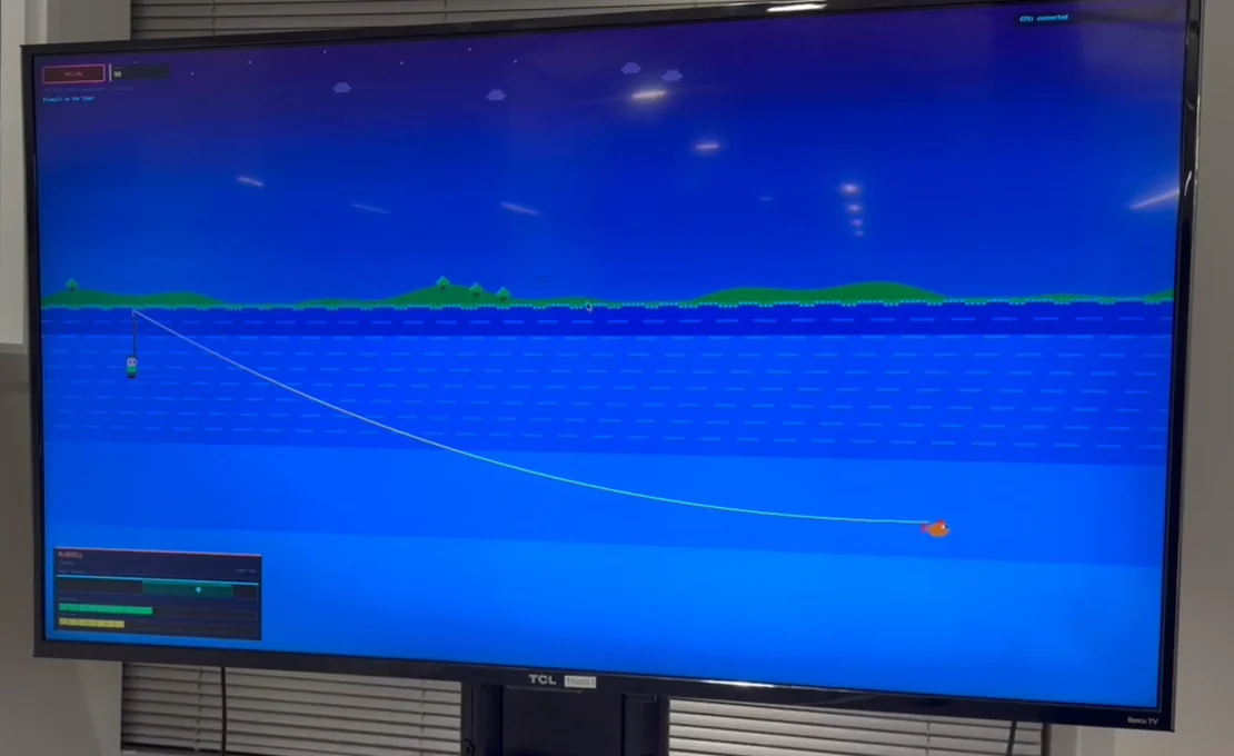 The Studio Waters screen: a cast line arcing into pixel water with a fish on the hook and a tension readout