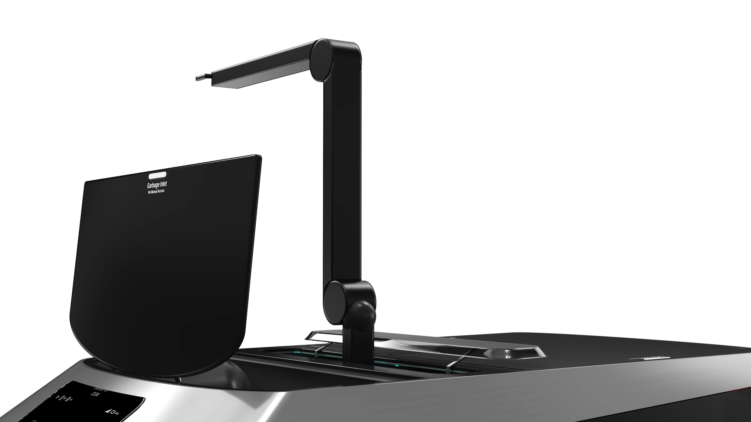 Articulated arm raised above the garbage inlet, lid open