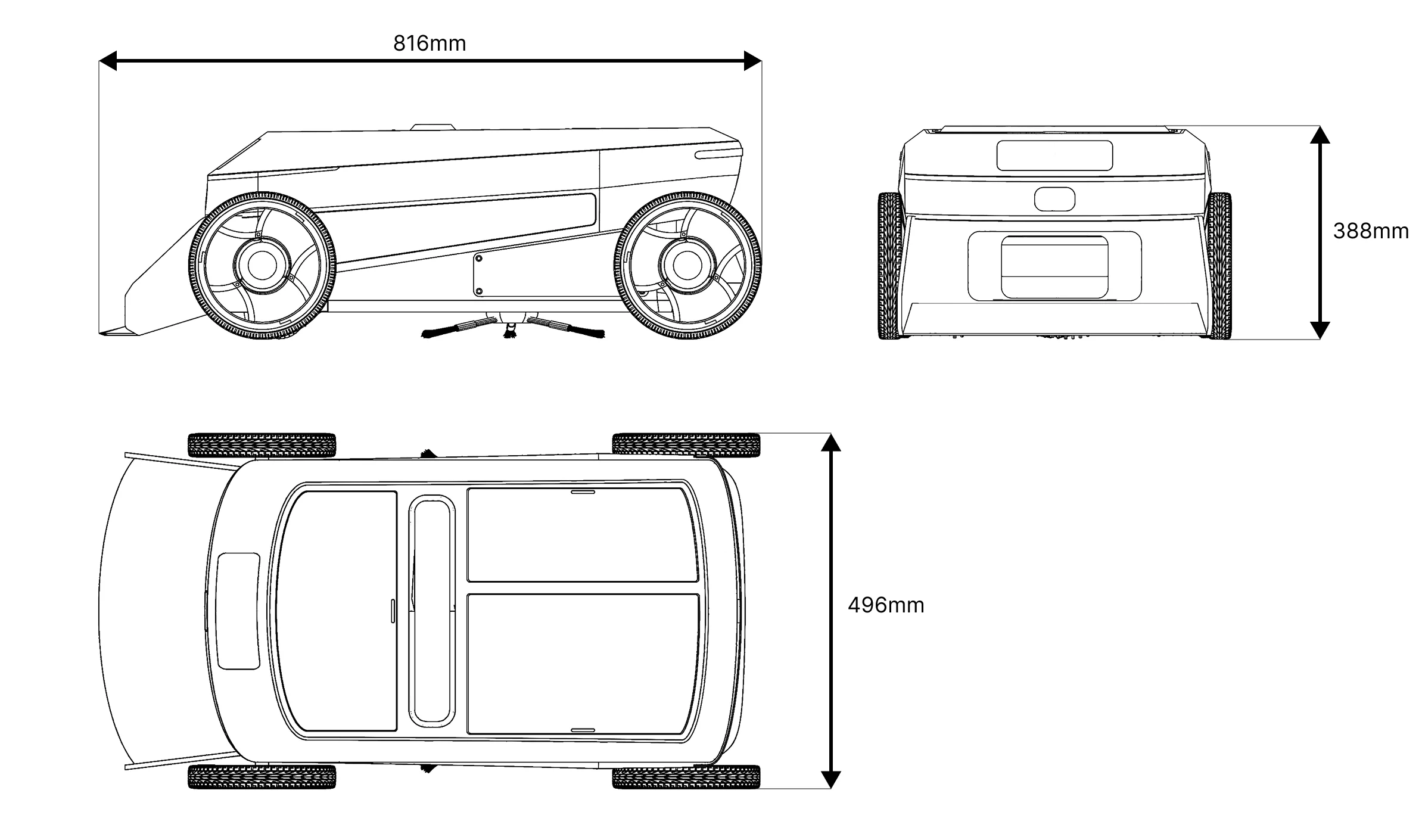Three-view dimensioned drawing: 816mm long, 496mm wide, 388mm tall